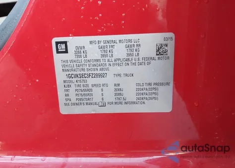 2015 Chevrolet Silverado 1500 2Lz from USA, damaged, VIN 1GCVKSEC3FZ289927